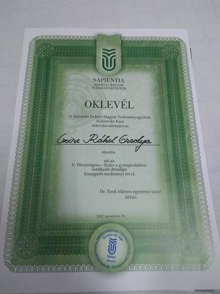 Czire Ráhel Orsolya kapta a Sapientia különdíját az V. Pénzmágnes vetélkedőn